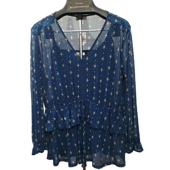 Style & Co. Teal Printed Ruffle Top - Picture 2 of 9